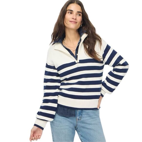 J Crew Striped half-zip sweater with pearl zipper Womens Small Navy White - Picture 2 of 11